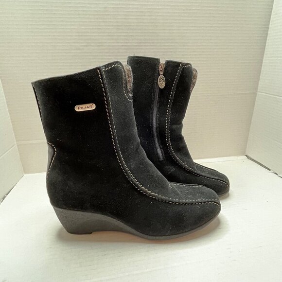 Pajar Wedge Suede Ankle Boots Black Contrast Stitch Shearling Lined Zipper‎ 8.5 - Picture 2 of 15